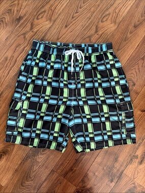 NORTY Men's Black Plaid Bathing Suit with Cargo Pockets and Blue & Green Stripes